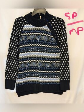 Talbots Oversized Navy, Light Blue & Cream Fair Isle Button-Shoulder Sweater